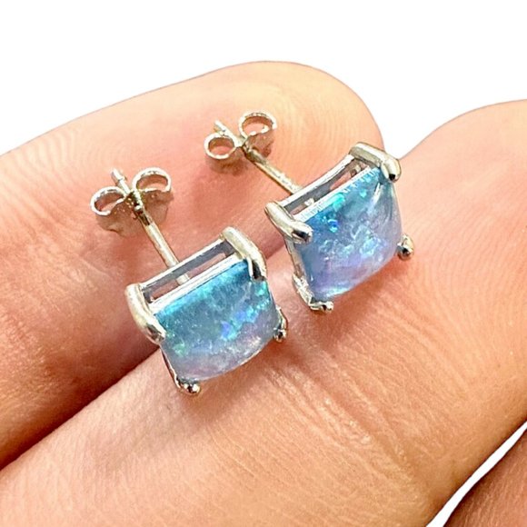 925 Sterling Silver Blue Fire Opal Earrings 6MM Created Stud Earrings for Women - Picture 1 of 8